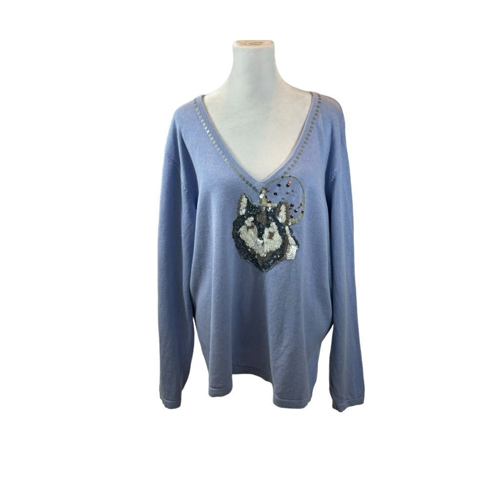Ladies Limited Edition Storybook Knits Blue “Wolf‎ Moon” V Neck Sweater Size 2X